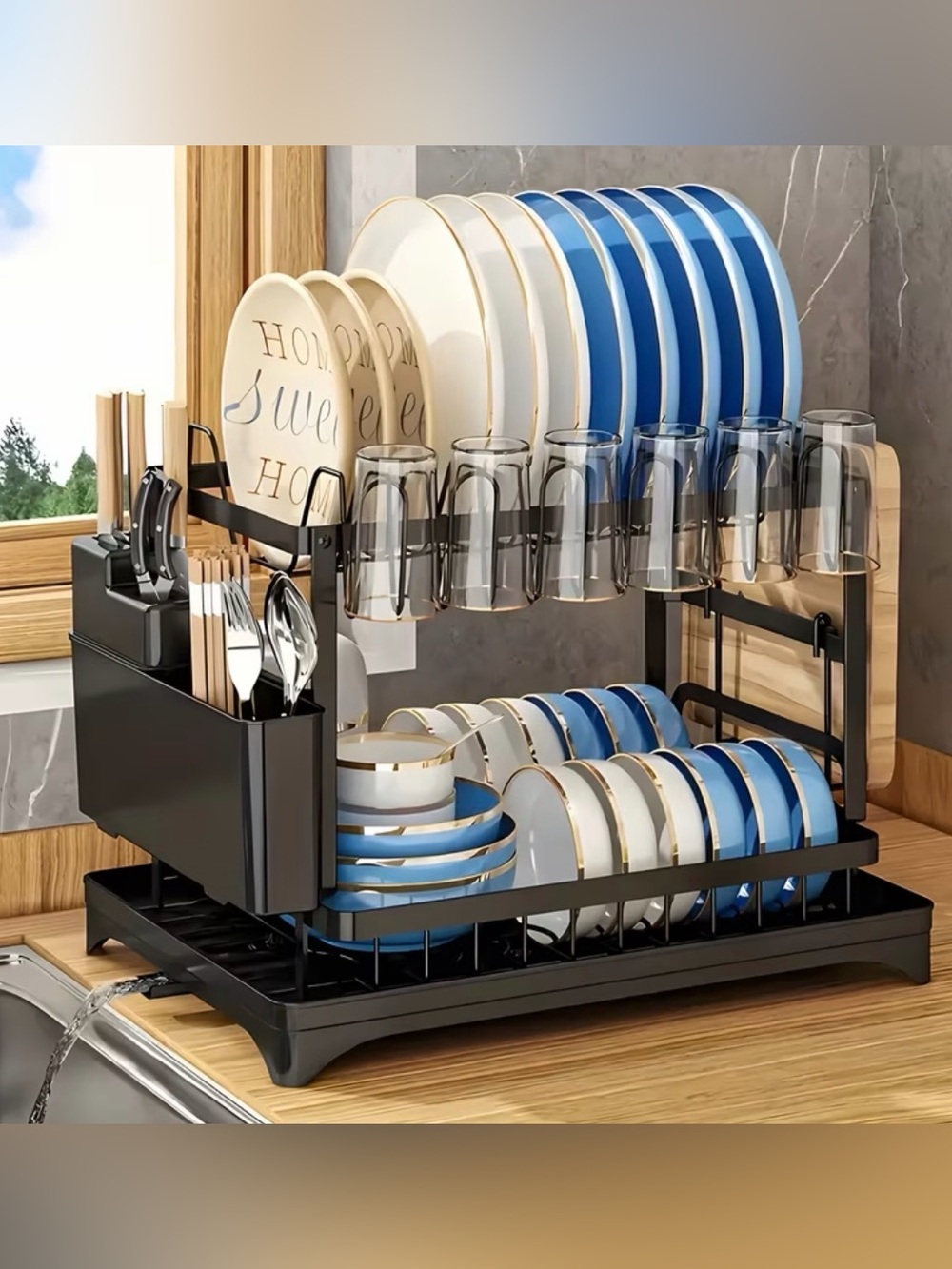 Black Two-Tier Dish Drying Rack with Utensil Holder
